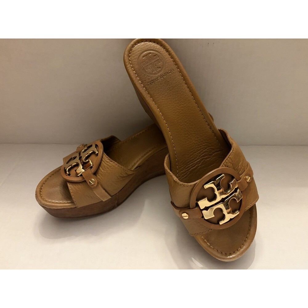 Tory Burch Tan Leather Logo Platform Wedge Slide Sandals Gold Size 10